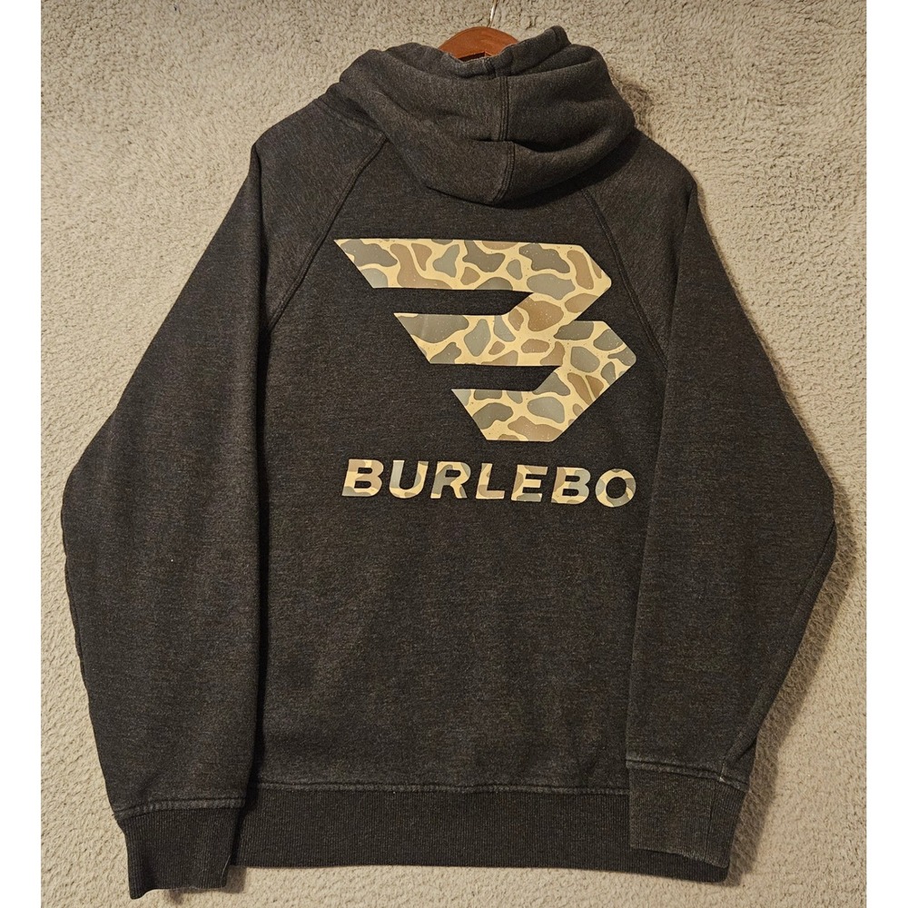 Burlebo Mens Camo Logo Hoodie Charcoal Gray Heather Pullover Sweatshirt Small